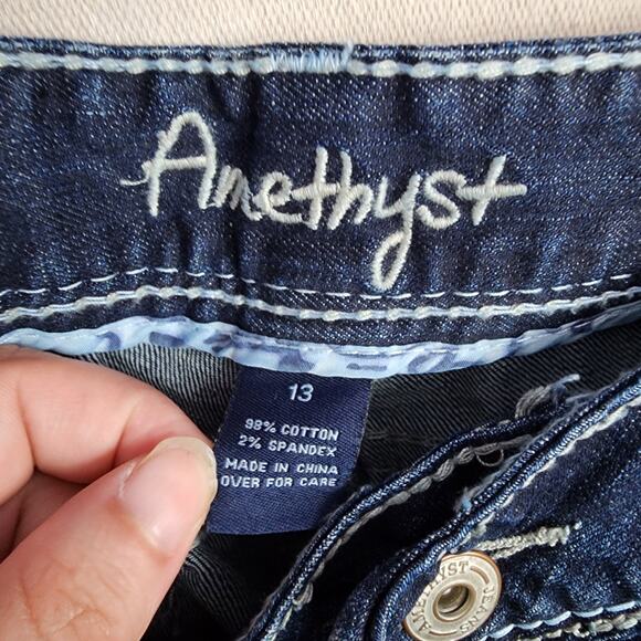 Amethyst Junior Jeans Size 13 Blue Denim Silver Blue Trim Distressed Embroidered - Picture 10 of 13
